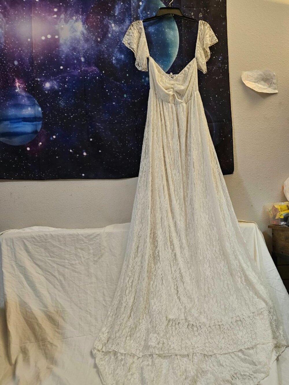 Boho White Lace High-Low Maxi Dress Off-The-Shoulder Sweetheart Large
